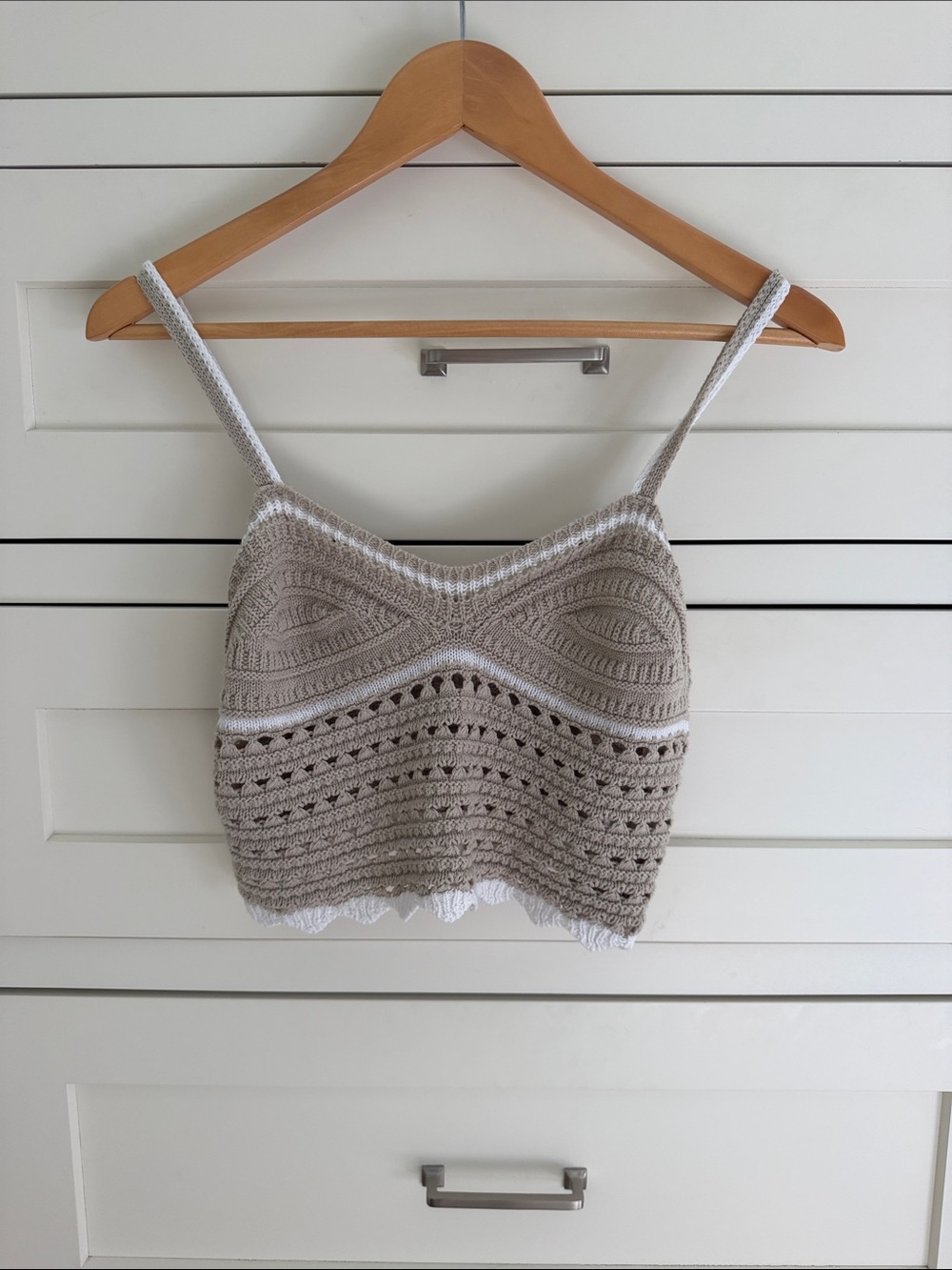 Crochet Spaghetti Strap Crop Camisole - Taupe & White